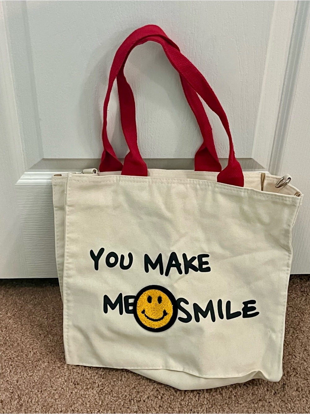 NWT Cream Canvas Tote w/ Red Handles & Smiley Graphic • OS • Hoodies for Heroes